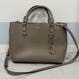 Lauren Ralph Lauren 2 Way Tote Bennington Taupe Leather Satchel 100% Cow Leather